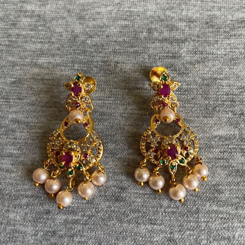 Gold-Tone Pearl & Ruby Drop Earrings